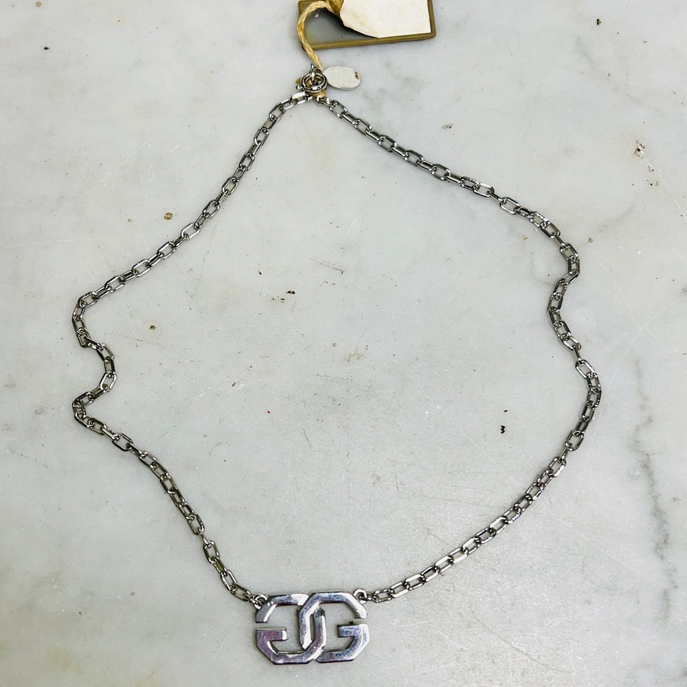 Vintage  1975 Silver Tone Big GG Logo Choker  Givenchy With orig hangtag 14"